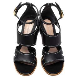 Pre Owned Alexander McQueen Black Leather Topstitched Ankle Strap Sandals Size 40