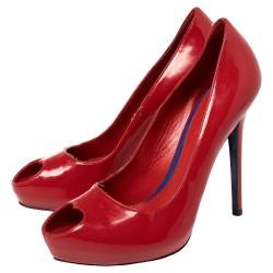 Pre Owned Alexander McQueen Red Patent Leather Heart Peep Toe Pumps Size 39