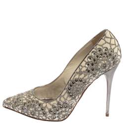 Alexander McQueen Silver/Off White Lace And Leather Crystal Embellish  Pointed Toe Pumps Size 39.5