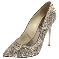 Alexander McQueen Silver/Off White Lace And Leather Crystal Embellish  Pointed Toe Pumps Size 39.5