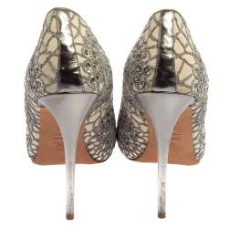 Alexander McQueen Silver/Off White Lace And Leather Crystal Embellish  Pointed Toe Pumps Size 39.5