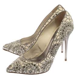 Alexander McQueen Silver/Off White Lace And Leather Crystal Embellish  Pointed Toe Pumps Size 39.5