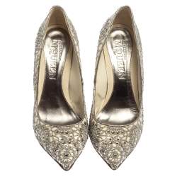 Alexander McQueen Silver/Off White Lace And Leather Crystal Embellish  Pointed Toe Pumps Size 39.5