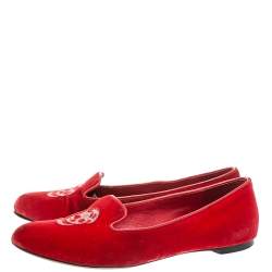 Pre Owned Alexander McQueen Red Velvet Skull Flats Size 36.5