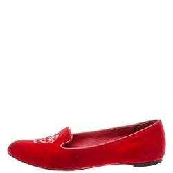 Pre Owned Alexander McQueen Red Velvet Skull Flats Size 36.5