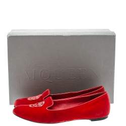 Pre Owned Alexander McQueen Red Velvet Skull Flats Size 36.5