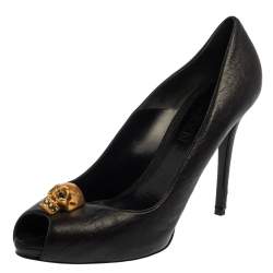 Pre Owned Alexander McQueen Black Leather Skull Peep Toe  Pumps Size 40.5