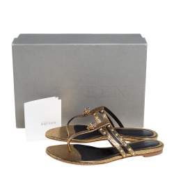 Pre Owned Alexander McQueen Metallic Gold Leather Embellished Skull Thong Flat Sandals Size 37.5