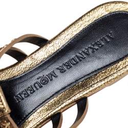 Pre Owned Alexander McQueen Metallic Gold Leather Embellished Skull Thong Flat Sandals Size 37.5