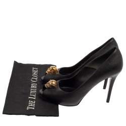Pre Owned Alexander McQueen Black Leather Peep Toe Skull Pumps Size 39.5