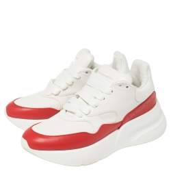 مملوكة مسبقًا Alexander McQueen White/Red Leather And Mesh New Larry Lace Up Sneakers Size 38.5