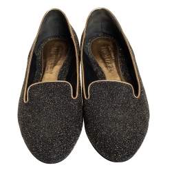 Pre Owned Alexander McQueen Black/Gold Glitter And Leather Smoking Slippers Size 41