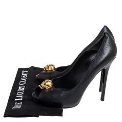 Pre Owned Alexander McQueen Black Leather Crystal Embellished Skull Detail Peep Toe Platform Pumps Size 40