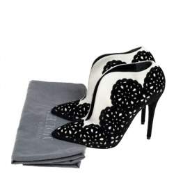 Pre Owned Alexander McQueen Black/White Laser Cut Velvet And Suede Booties Size 37