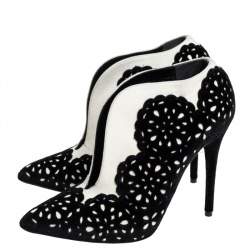 Pre Owned Alexander McQueen Black/White Laser Cut Velvet And Suede Booties Size 37