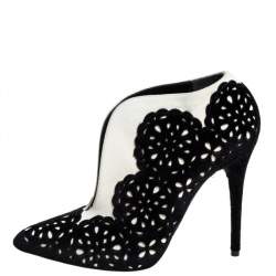 Pre Owned Alexander McQueen Black/White Laser Cut Velvet And Suede Booties Size 37