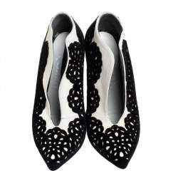 Pre Owned Alexander McQueen Black/White Laser Cut Velvet And Suede Booties Size 37