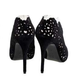 Pre Owned Alexander McQueen Black/White Laser Cut Velvet And Suede Booties Size 37