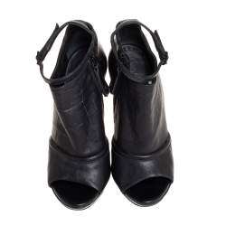 Pre Owned McQ by Alexander McQueen Black Croc Embossed Leather Ankle Strap Booties Size 37 