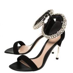 Pre Owned Alexander McQueen Black Suede Crystal Embellished Ankle Cuff Sandals Size 39