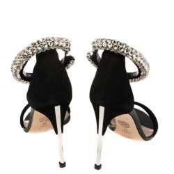 Pre Owned Alexander McQueen Black Suede Crystal Embellished Ankle Cuff Sandals Size 39