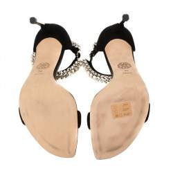 Pre Owned Alexander McQueen Black Suede Crystal Embellished Ankle Cuff Sandals Size 39