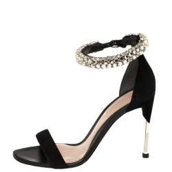 Pre Owned Alexander McQueen Black Suede Crystal Embellished Ankle Cuff Sandals Size 39