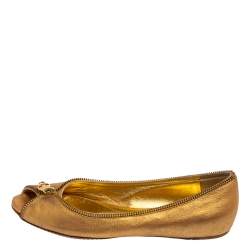 Pre Owned Alexander McQueen Metallic Gold Leather Skull Zip Detail Peep Toe Ballet Flats Size 37.5