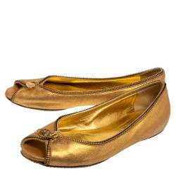 Pre Owned Alexander McQueen Metallic Gold Leather Skull Zip Detail Peep Toe Ballet Flats Size 37.5