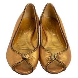 Pre Owned Alexander McQueen Metallic Gold Leather Skull Zip Detail Peep Toe Ballet Flats Size 37.5