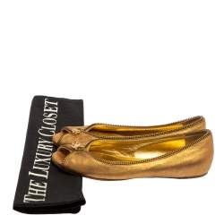 Pre Owned Alexander McQueen Metallic Gold Leather Skull Zip Detail Peep Toe Ballet Flats Size 37.5