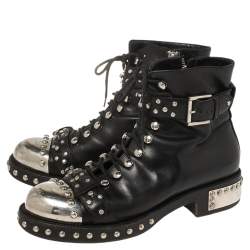 Pre Owned حذاء بوت للكاحل أليكساندر ماكوين مرصع غطاء مقدمة جلد أسود مقاس 39