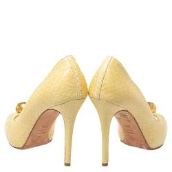 Pre Owned Alexander McQueen Light Yellow Python Leather Skull Peep Toe Pumps Size 38.5