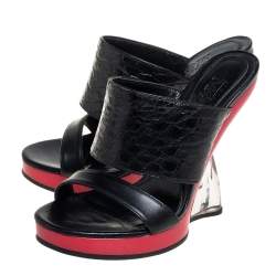 Alexander McQueen Black Leather And Croc Embossed Leather Bold Wedge Slide Sandals Size 35