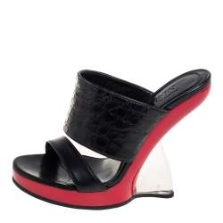 Alexander McQueen Black Leather And Croc Embossed Leather Bold Wedge Slide Sandals Size 35