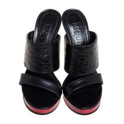 Alexander McQueen Black Leather And Croc Embossed Leather Bold Wedge Slide Sandals Size 35