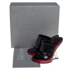 Alexander McQueen Black Leather And Croc Embossed Leather Bold Wedge Slide Sandals Size 35
