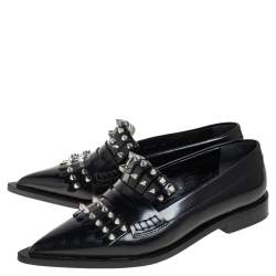 Pre Owned Alexander McQueen Black Leather Studded Pointed-Toe Loafer Size 36