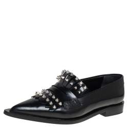 Pre Owned Alexander McQueen Black Leather Studded Pointed-Toe Loafer Size 36