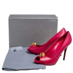Pre Owned Alexander McQueen Red Leather Crystal Embellished Skull Detail Peep Toe Platform Pumps Size 39