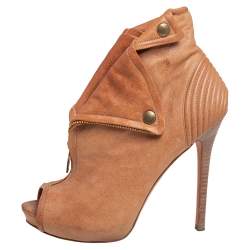 Pre Owned Alexander McQueen Brown Leather Faithful Skull Peep Toe Ankle Boots Size 38