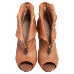 Pre Owned Alexander McQueen Brown Leather Faithful Skull Peep Toe Ankle Boots Size 38