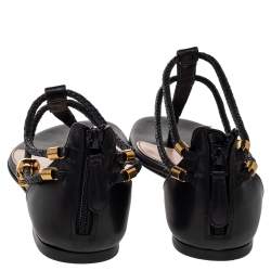 Pre Owned Alexander McQueen Black Leather Skull Embellished Thong Flat Sandals Size 38