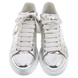 Pre Owned Alexander McQueen Metallic Silver Leather Larry Platform Lace Up Sneakers Size 38.5