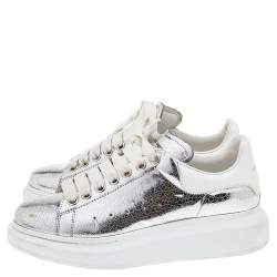 Pre Owned Alexander McQueen Metallic Silver Leather Larry Platform Lace Up Sneakers Size 38.5