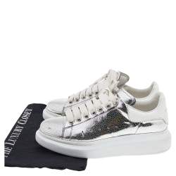 Pre Owned Alexander McQueen Metallic Silver Leather Larry Platform Lace Up Sneakers Size 38.5
