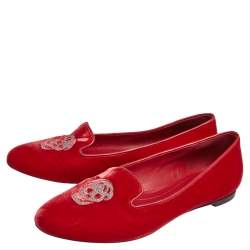 Pre Owned Alexander McQueen Red Velvet Skull Smoking Slippers Size 36