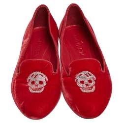 Pre Owned Alexander McQueen Red Velvet Skull Smoking Slippers Size 36
