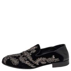 Pre Owned Alexander McQueen Black Velvet And Leather Embroidered Detail Loafers Size 42 