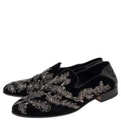 Pre Owned Alexander McQueen Black Velvet And Leather Embroidered Detail Loafers Size 42 